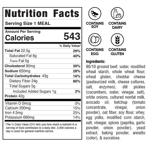 Nutrition facts for "The Golden Arches" Mac Daddy Wrap: 543 calories with fat, carbs, protein, vitamin mineral info. Allergen icons: soy, dairy, egg gluten. Includes ingredient list—ideal as a high-protein wrap or cheeseburger-style meal.