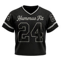 The Men’s Mesh Jersey – Black White Trim features a sporty V-neck, short sleeves, white trim, and “Hummus Fit” above a large 24 on the front, with 24 on both sleeves. Perfect for casual wear.