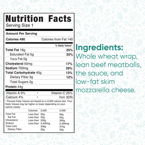 The Meatball Parmesan Wrap delivers 490 calories, 44g protein, and 700mg sodium per serving. Ingredients: whole wheat wrap, lean beef meatballs, low-fat sauce, and low-fat skim mozzarella cheese.