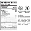 Nutrition facts label for the Mexican Taco, with 451 calories per serving. Includes high-protein chicken, veggies, cheese, taco shell, spices, and avocado ranch. Contains dairy and gluten.