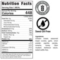 MickieStrips nutrition label: 448 calories/serving, gluten symbol, Seed Oil Free. Ingredients: chicken breast, bread crumbs, garlic, onion powder—ideal for high protein meal prep or air fryer chicken strips with baked waffle fries.
