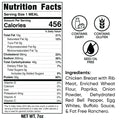 Nutrition facts label for a 7 oz meal, showing 456 calories, 16g fat, 48g carbs, and 30g protein. Icons indicate the meal contains dairy and gluten, but is seed oil free. Ingredients list is also shown.
