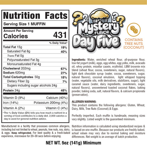 Nutrition label for Buffin Muffin Mystery Flavor shows 431 calories per serving, ingredients, allergen info contains coconut tree nuts, and nutrition facts. Image displays a mystery muffin and the Buffin logo.