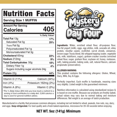 Nutrition label for Buffin Muffin Mystery Flavor, featuring 405 calories per serving, full ingredients list, allergen info, and nutrition facts. “Mystery Flavor Day Four” logo spotlights this limited-time offering.