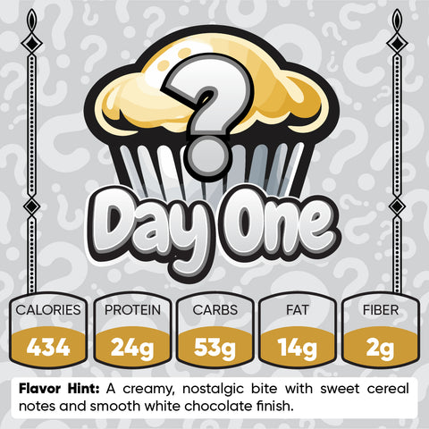 An illustrated graphic of the Buffin Muffin Mystery Flavor with a question mark labeled Day One. Nutrition: 434 calories, 24g protein, 53g carbs, 14g fat, 2g fiber. Flavor hint: creamy and nostalgic with sweet cereal and white chocolate notes.