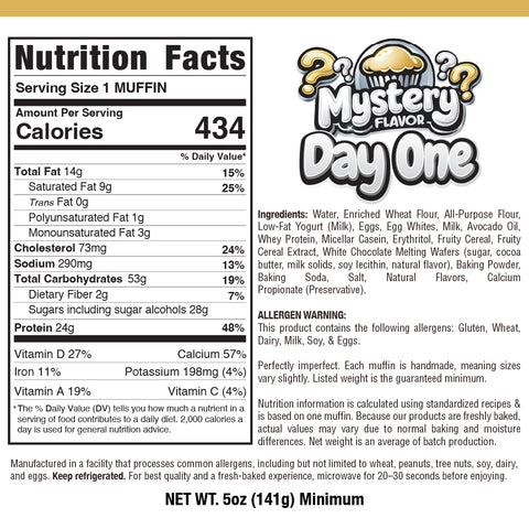 Nutrition label for Buffin Muffin Mystery Flavor displays 434 calories per serving, ingredients, allergen info, nutrition facts, and preparation instructions on a white and yellow background.