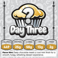 A graphic with a Buffin Muffin Mystery Flavor cupcake topped by a question mark and the text Day 3. Nutrition: 449 cal, 25g protein, 58g carbs, 13g fat, 2g fiber. Flavor hint: chocolate mint—fudgy and refreshing.