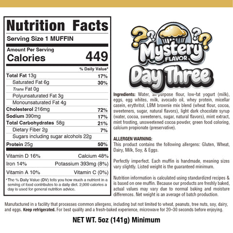 Nutrition facts and ingredients for Buffin Muffin Mystery Flavor: 1 muffin has 449 calories, 25g sugar, 13g fat, 25g protein. Contains wheat, milk, soy, eggs, and other common allergens. Limited-time event item.