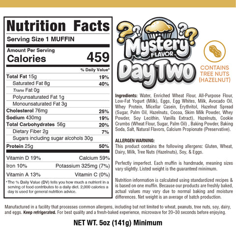 Nutrition label for Buffin Muffin Mystery Flavor, featured in a limited-time event. Each 5oz 141g muffin contains 459 calories and tree nuts hazelnut. Full ingredients and allergen info provided.