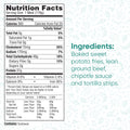 Nutrition facts label for Nacho Average Bowl: A healthy lunch with baked sweet potato fries, lean ground beef, chipotle sauce, and tortilla strips. Contains 360 calories, 25g fat, 170mg sodium, 13g protein, and 17g carbs.