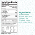 Nutrition facts for Nacho Average Bowl: 360 calories; includes baked sweet potato fries, lean ground beef, chipotle sauce, and tortilla strips; contains 13g fat, 170mg cholesterol, 570mg sodium, 48g carbs, and 26g protein.