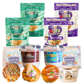 A Nostalgia Bundle snack box featuring protein cereal bars, containers of overnight oats, protein bites, and frosted birthday cake treats with sprinkles.