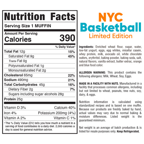Buffin Muffin nutrition label: 390 calories per serving, with ingredients list, allergen warning, and nutrition info. Contains wheat, soy, eggs; may contain nuts.