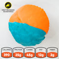 A Buffin Muffin in the NYC Basketball Edition, featuring half orange and half blue icing on a white background. Text: Only 350 baked Nutrition: 390 cal, 25g protein, 45g carbs, 12g fat, 2g fiber. Experience this exclusive flavor.
