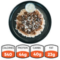 An Olympian Chicken Gyro Bowl with a rice base, sliced meat, black olives, and crumbled cheese, served with a side of tzatziki sauce; nutrition facts list 540 calories, 44g protein, 40g carbs, and 23g fat.