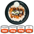 An Olympian Chicken Gyro Bowl - Exclusive featuring rice, olives, feta, and tzatziki sauce, with a nutrition label showing 540 calories, 44g protein, 40g carbs, and 23g fat.