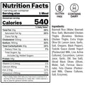 Nutrition facts label for an Olympian Chicken Gyro Bowl with 540 calories, including nutrient values, gluten-free and dairy allergen icons, and ingredients: basmati rice, chicken thighs, tzatziki sauce, black olives, and feta cheese.