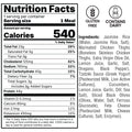 Nutrition facts label for an Olympian Chicken Gyro Bowl, listing 540 calories and ingredients, with icons indicating the meal is gluten-free and contains dairy.