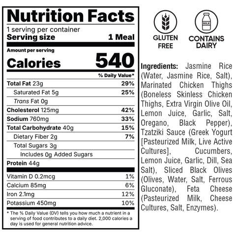 Nutrition facts label for an Olympian Chicken Gyro Bowl, listing 540 calories and ingredients, with icons indicating the meal is gluten-free and contains dairy.