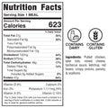 Nutrition label for Peak Load Chick'n Tots: a high-protein meal with 623 calories per serving. Contains dairy and gluten. Ingredients include pulled chicken, tater tots, cheese, BBQ sauce, ketchup, red beans, onions, parsley scallions.