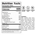 Nutrition facts label for the Philly Cheesesteak Quesadilla: 606 calories, 30g fat, 41g carbohydrates, and 44g protein—making it an ideal high-protein meal prep choice. Allergen icons indicate the presence of gluten, dairy, and soy. Full ingredients list and complete nutrition details provided for this macro-friendly meal.