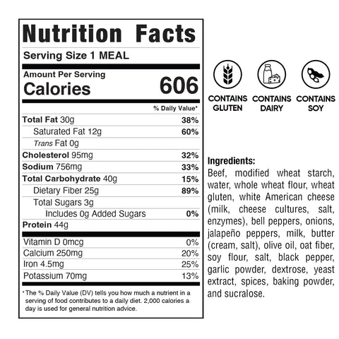 Nutrition facts label for the Philly Cheesesteak Quesadilla: 606 calories, 30g fat, 41g carbohydrates, and 44g protein—making it an ideal high-protein meal prep choice. Allergen icons indicate the presence of gluten, dairy, and soy. Full ingredients list and complete nutrition details provided for this macro-friendly meal.