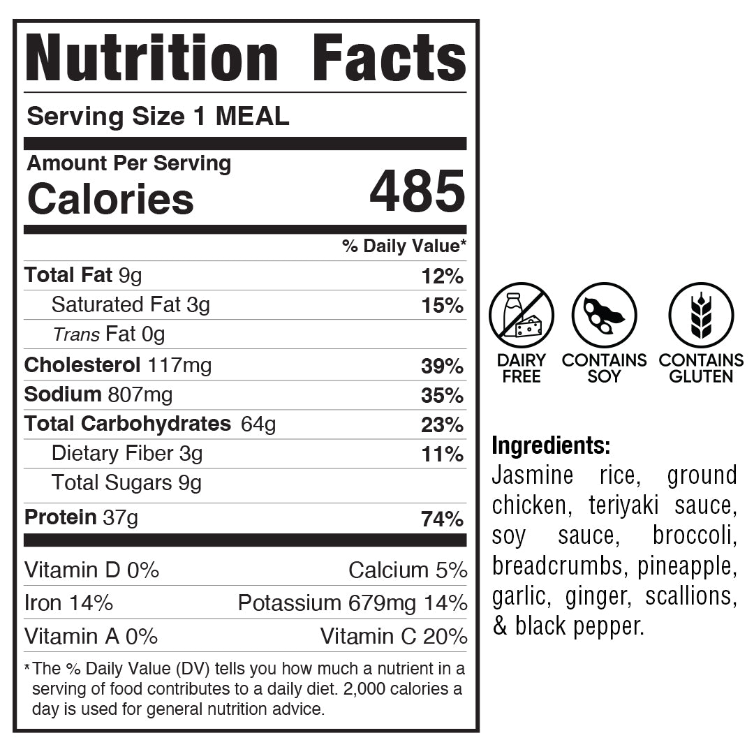 A nutrition label featuring black text for Pineapple Teriyaki Meatballs—a tasty, high-protein meal prep choice.