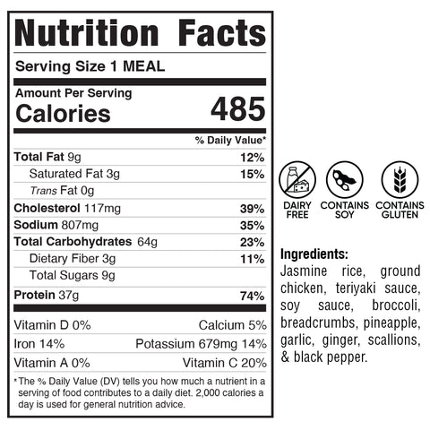A nutrition label featuring black text for Pineapple Teriyaki Meatballs—a tasty, high-protein meal prep choice.
