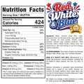 Nutrition label for Red, White Blue Buffin Muffin, a high-protein muffin with 424 calories per serving. Includes ingredients, allergen info, a vibrant “Red, White Blue” logo, and “250th Year Anniversary” badge.