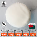 The Red, White Blue Buffin Muffin is a round, white-iced 4th of July protein treat with 424 calories, 25g protein, 54g carbs, and 12g fat. Icons indicate it contains nuts and has filling. Image shows festive red, green, and white cupcake layers.