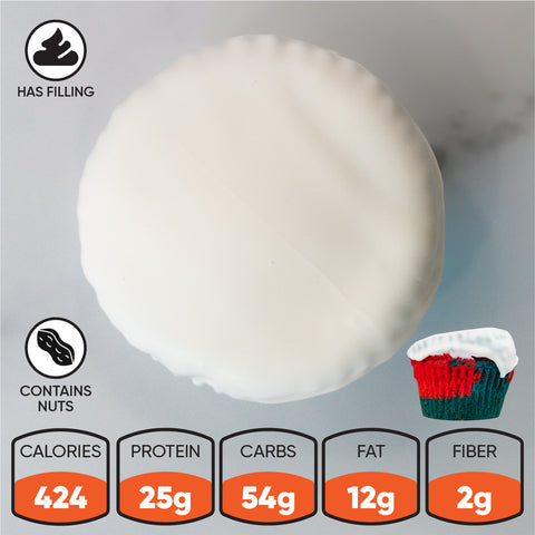 The Red, White Blue Buffin Muffin is a round, white-iced 4th of July protein treat with 424 calories, 25g protein, 54g carbs, and 12g fat. Icons indicate it contains nuts and has filling. Image shows festive red, green, and white cupcake layers.