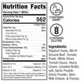 Nutrition facts label for Rigatoni Meatballs Subscription: 562 calories per serving, with ingredient list, daily value percentages, protein content, and icons indicating the presence of dairy and gluten.