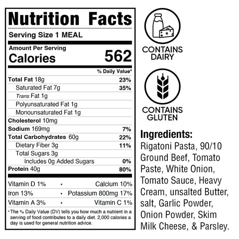 Nutrition facts label for Rigatoni Meatballs Subscription: 562 calories per serving, with ingredient list, daily value percentages, protein content, and icons indicating the presence of dairy and gluten.