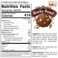 Nutrition facts and ingredients label for Rocky Road Buffin Muffin, with 414 calories and 29g protein per serving—a macro-friendly snack. Contains milk, dairy, wheat, peanuts, tree nuts; allergen warning included. Chocolate ice cream image featured at top.