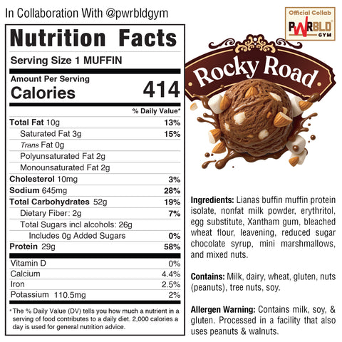 Nutrition facts and ingredients label for VIP Buffin - Rocky Road, with 414 calories and 29g protein per serving—a macro-friendly snack. Contains milk, dairy, wheat, peanuts, tree nuts; allergen warning included. Chocolate ice cream image featured at top.