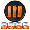 A black plate holds Competition Approved Lemon Pepper Salmon 1lb. Nutrition per serving: 320 calories, 40g protein, 5g carbs, and 17g fat—making it a low-carb, high-protein meal prep choice.