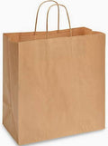 A large, plain brown paper shopping bag with handle stands upright on a white background—ideal for bulk use or 250-count orders.