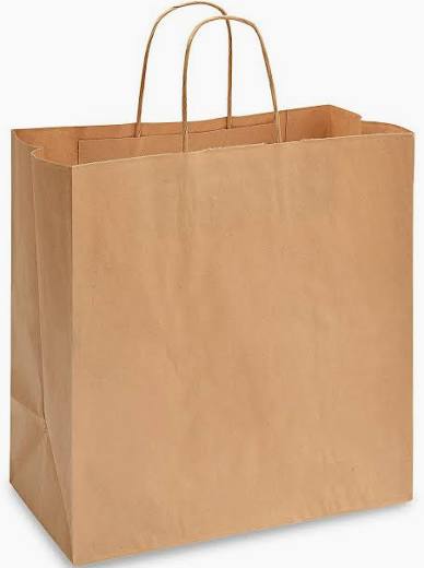 A large, plain brown paper shopping bag with handle stands upright on a white background—ideal for bulk use or 250-count orders.