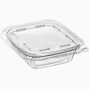 The Plastic Extra Topping container is a clear clamshell with a hinged lid, perfect for packaging and displaying salads or pastries. It is shown empty against a white background and available in packs of 1800 sets.