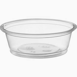 The 1.5 oz sauce cup is a clear, round, shallow plastic container with a wide opening and no lid, ideal for sauces or condiments; available in a convenient 2500 count pack.