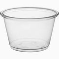 The 3.25 oz Hummus cup is a small, clear plastic cup with a wide rim and narrow base, ideal for sauces, condiments, or samples; sold in a convenient 2500 ct pack.