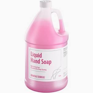 A 1-gallon transparent plastic jug filled with pink hand soap. The label displays "Pink hand soap 1 gallon" along with smaller text and graphics. The jug features a handle and screw-on cap.