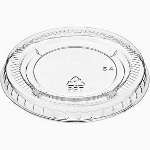 A clear, round plastic sauce cup lid with ridged edges and a recycling symbol in the center, shown on a white background. This 2500-count pack of sauce cup LIDS is perfect for keeping essentials in stock.