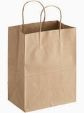 Small brown paper shopping bags with two twisted paper handles, shown upright on a white background. Sold in packs of 250.