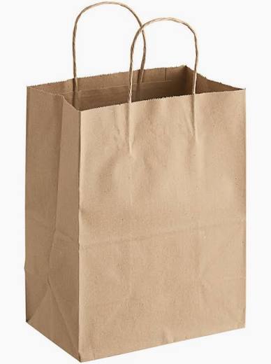 Small brown paper shopping bags with two twisted paper handles, shown upright on a white background. Sold in packs of 250.