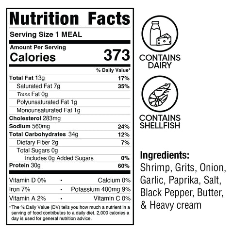 Savor Shrimp and Gritz—a Southern-style meal with shrimp, creamy grits, and bold spices. Packed with 30g protein and 373 calories per serving. Contains dairy and shellfish see nutrition facts for details.