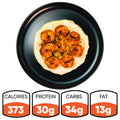 Shrimp and Gritz, a Southern-style dish, is served on a black plate and photographed from above. Nutrition: 373 calories, 30g protein, 34g carbs, and 13g fat.
