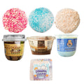 Three round protein treats with colorful sprinkles, three clear containers of protein oats and pudding, and a plastic pack of cake-flavored snacks from the Snack Pack Sampler.