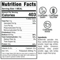 The Snickerdoodle Pancake Breakfast nutrition facts label lists 403 calories, 17g fat, 44g carbs, and 32g protein per serving. Icons indicate dairy, gluten, and egg content. Buttermilk snickerdoodle pancake ingredients are shown on the right.