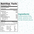 Nutrition facts label for Soho Steak Bowl: 480 calories, 37g protein, 7g sugar per serving. Ingredients: sweet potato fries, steak, sesame honey teriyaki sauce. Asian-inspired healthy lunch with faint food icons in background.